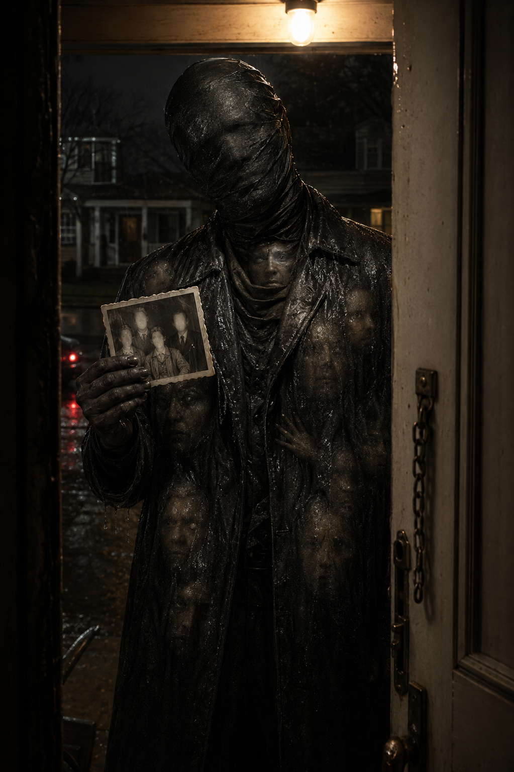 El Borrador waiting outside a home while erased faces appear in his coat